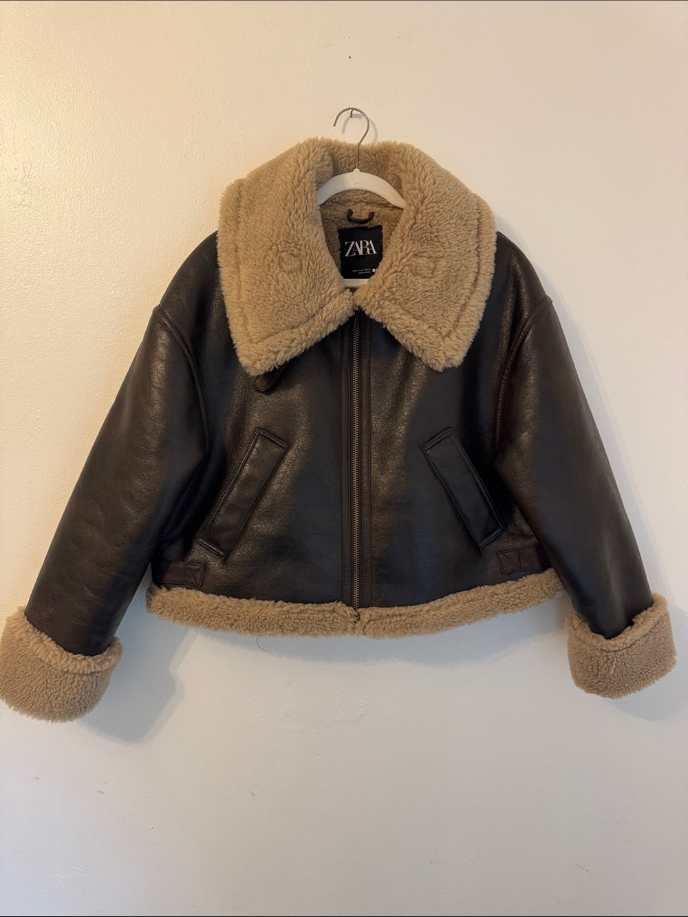 Zara Women’s Faux Leather Jacket with Tan Sherpa Collar